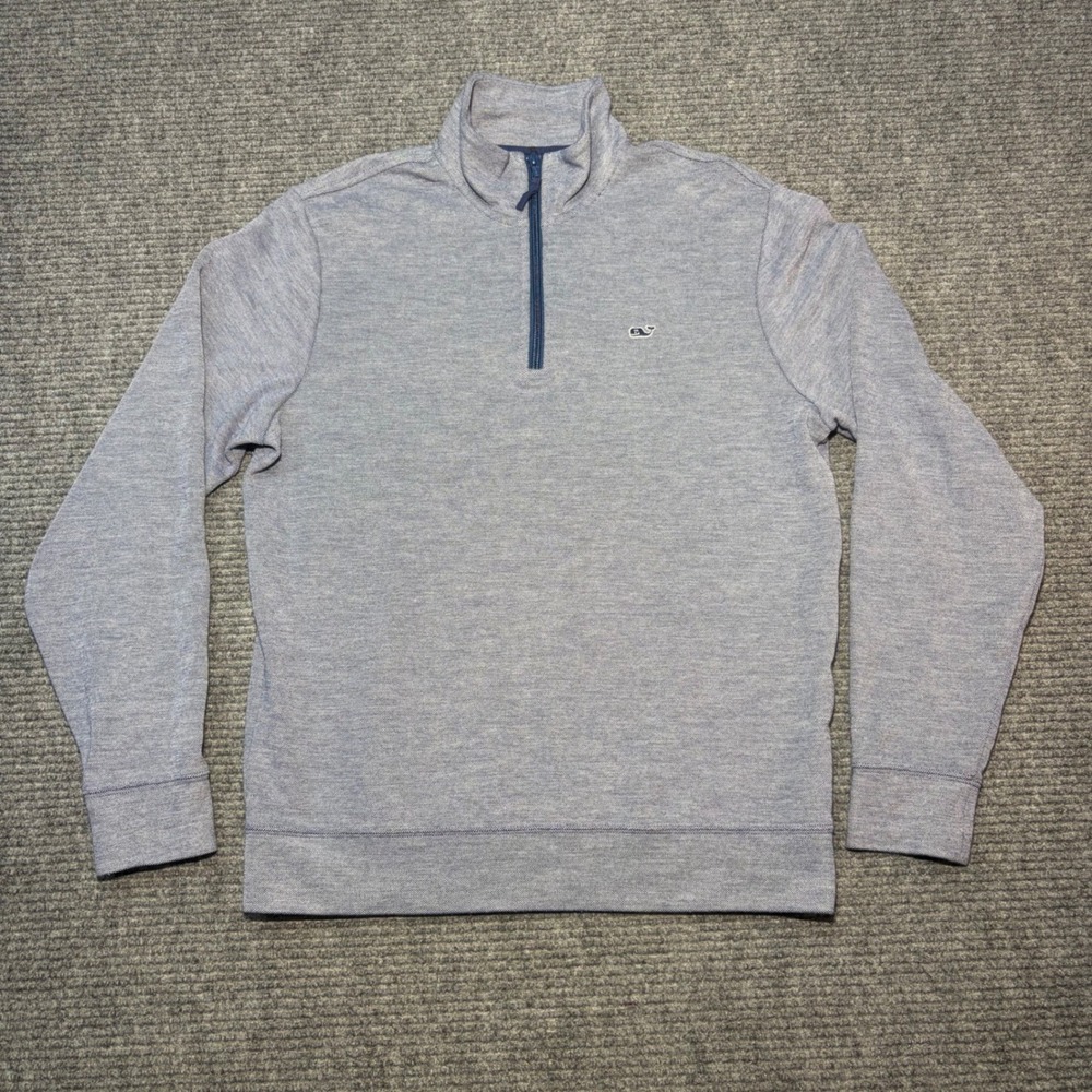 Vineyard Vines Mens Small Blue Heather Pique Quarter Zip Pullover Sweater Whale